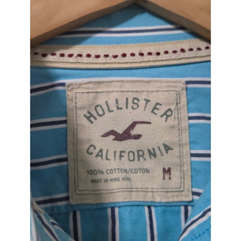 Hollister Mens Button Down Shirt Medium Blue White Striped Long Sleeve Cotton - Picture 3 of 4